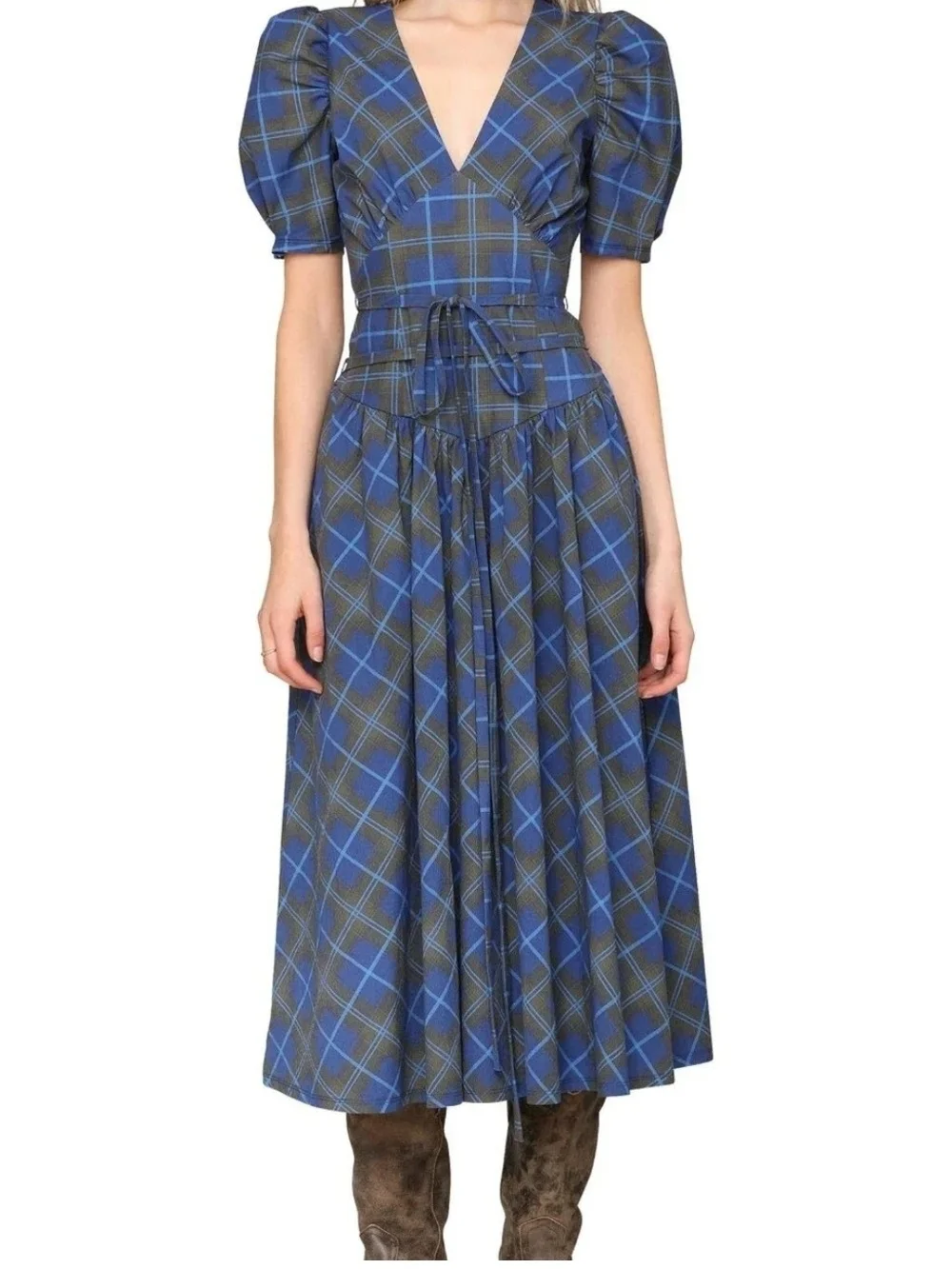 NWT Avec Les Filles Plaid Puff Sleeve Tie Belt Midi Dress - Size 12